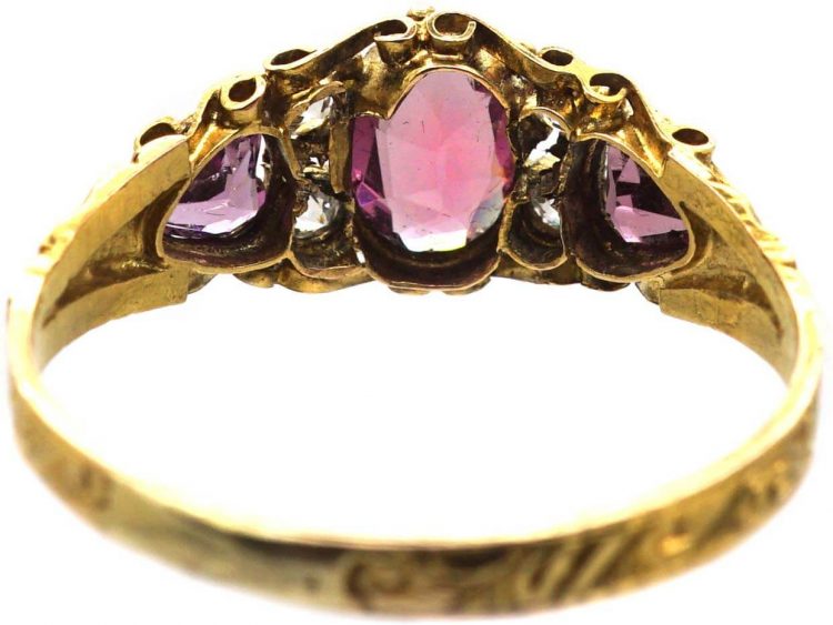 Victorian 15ct Gold Ring set with a Garnet, Two Heart Shaped Garnets & Diamonds