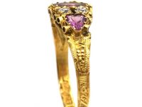 Victorian 15ct Gold Ring set with a Garnet, Two Heart Shaped Garnets & Diamonds