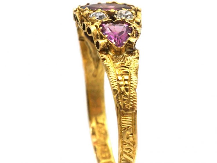 Victorian 15ct Gold Ring set with a Garnet, Two Heart Shaped Garnets & Diamonds
