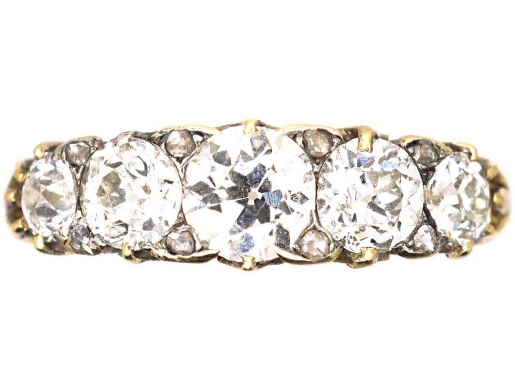 Victorian 18ct Gold Five Stone Diamond Carved Half Hoop Ring