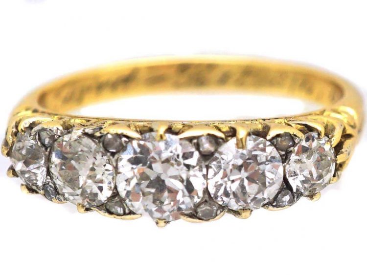 Victorian 18ct Gold Five Stone Diamond Carved Half Hoop Ring