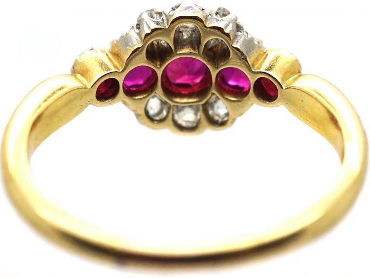 Edwardian 18ct Gold & Platinum Cluster Ring set with Five Rubies & Diamonds