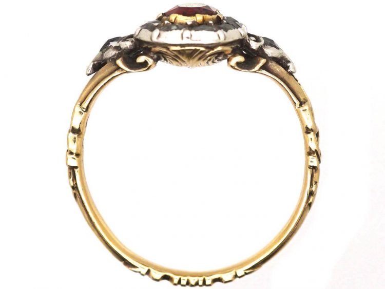 Georgian 18ct Gold & Silver Heart Shaped Ring set with a Garnet & Rose Diamonds