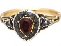 Georgian 18ct Gold & Silver Heart Shaped Ring set with a Garnet & Rose Diamonds