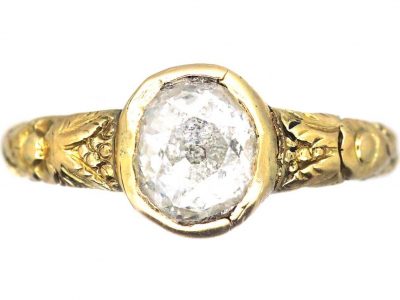 Georgian 15ct Gold & Cushion Cut Diamond Ring with Ornate Shoulders