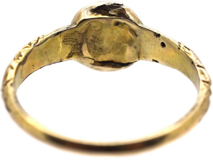 Georgian 15ct Gold & Cushion Cut Diamond Ring with Ornate Shoulders