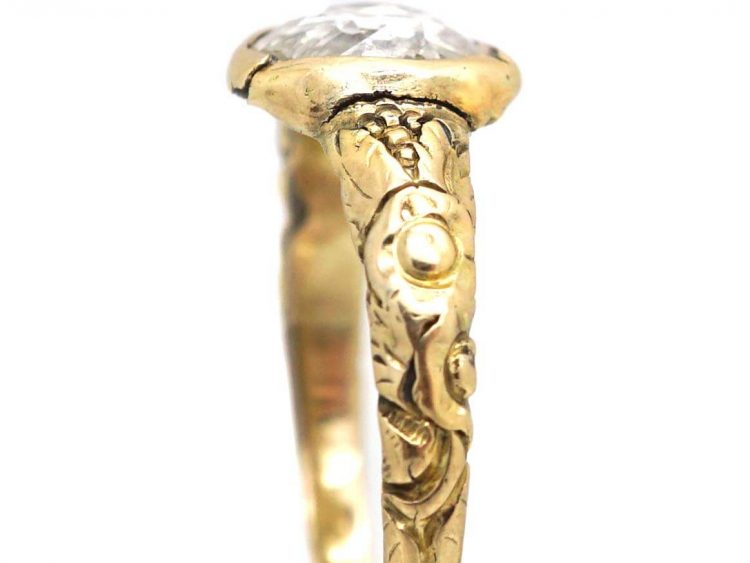 Georgian 15ct Gold & Cushion Cut Diamond Ring with Ornate Shoulders