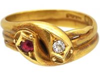 Victorian 18ct Gold Double Snake Ring set with a Ruby & a Diamond