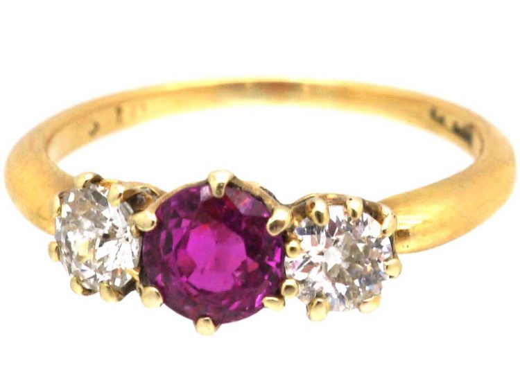 Edwardian 18ct Gold, Pink Sapphire & Diamond Three Stone Ring