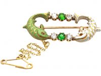 Victorian 18ct Gold & Enamel Dolphins Brooch by Alfred Phillips set with Green Garnets & Diamonds
