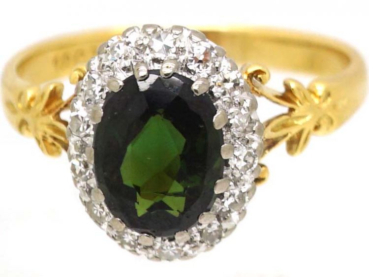 Edwardian 18ct Gold Cluster Ring set with Green Tourmaline & Diamonds