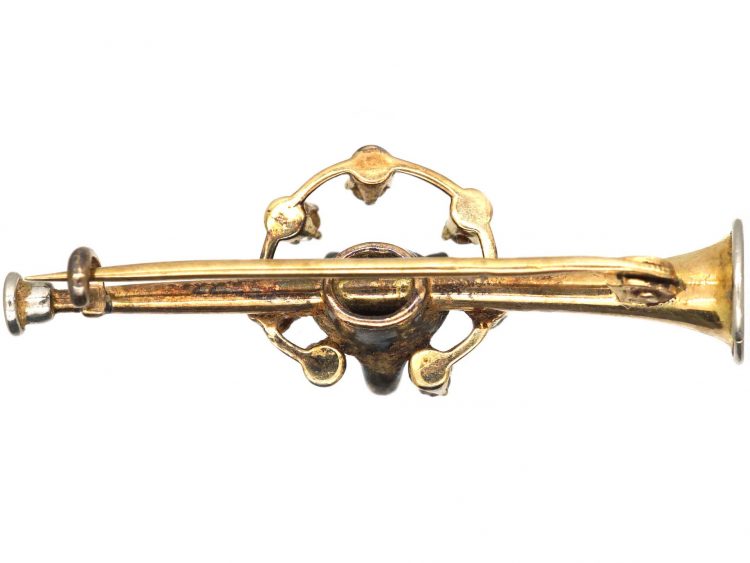 Edwardian 15ct Gold & Platinum Brooch of a Fox Head, Horseshoe & a Hunting Horn set with Diamonds & Ruby Eyes