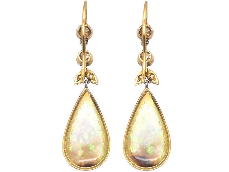 Edwardian 15ct Gold & Platinum, Opal & Diamond Drop Earrings