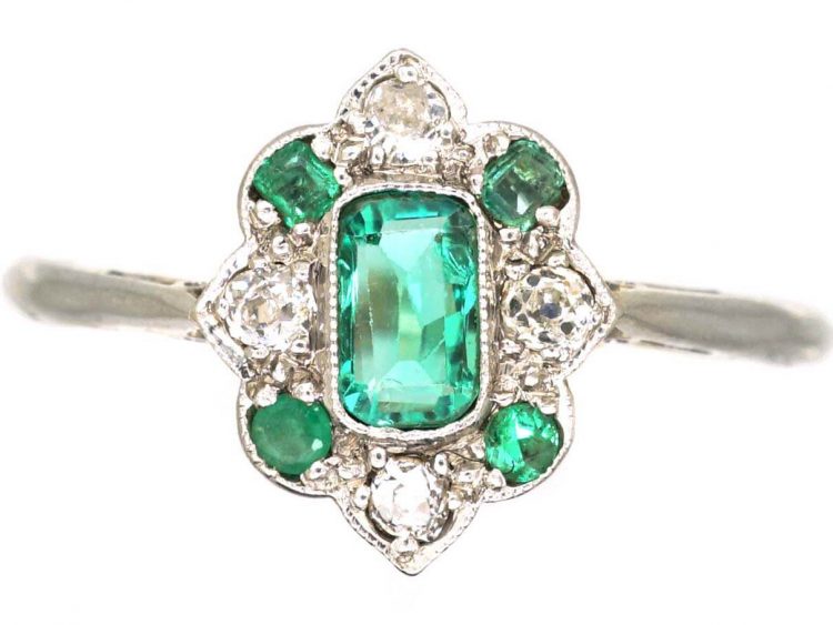 Art Deco 18ct Gold & Platinum, Emerald & Diamond Ring
