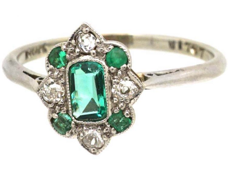 Art Deco 18ct Gold & Platinum, Emerald & Diamond Ring