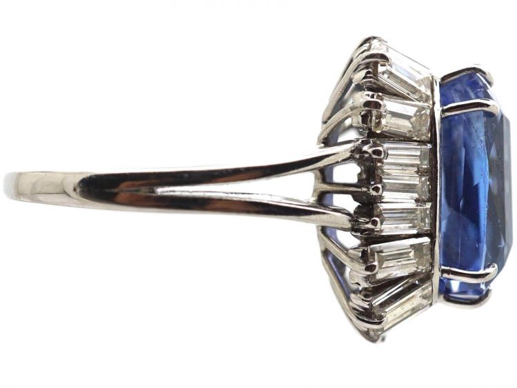 18ct White Gold Ballerina Ring set with a Large Unheated Ceylon Sapphire & Baguette Diamonds