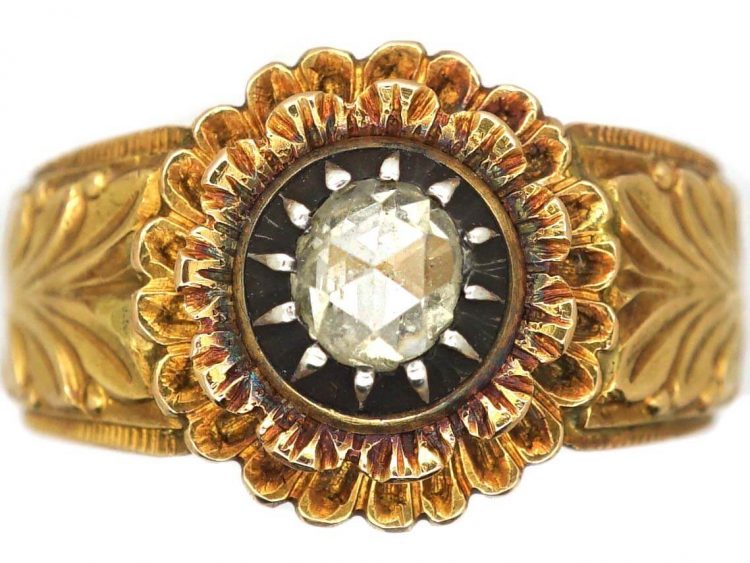 Early 19th Century Dutch 18ct Gold, Silver & Rose Diamond Ring with Laurel Leaf Motif