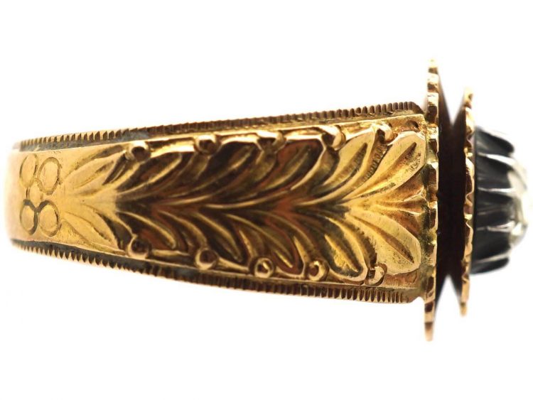 Early 19th Century Dutch 18ct Gold, Silver & Rose Diamond Ring with Laurel Leaf Motif