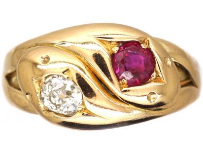 Edwardian 18ct Gold Double Snake Ring set with a Ruby & a Diamond