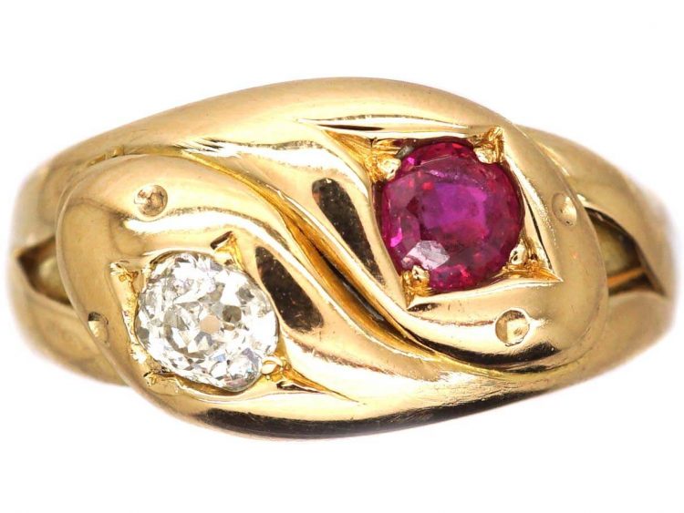 Edwardian 18ct Gold Double Snake Ring set with a Ruby & a Diamond