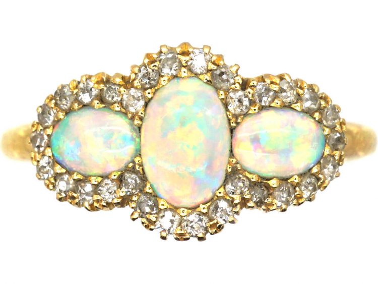 Edwardian 18ct Gold, Three Stone Opal & Diamond Ring