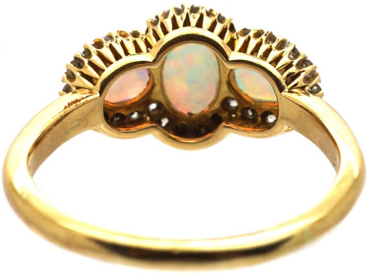 Edwardian 18ct Gold, Three Stone Opal & Diamond Ring