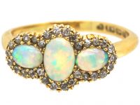 Edwardian 18ct Gold, Three Stone Opal & Diamond Ring