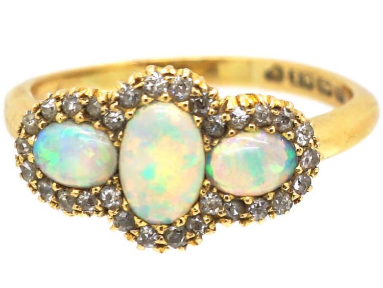 Edwardian 18ct Gold, Three Stone Opal & Diamond Ring