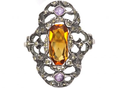 Art Deco Silver, Marcasite, Citrine & Amethyst Ring