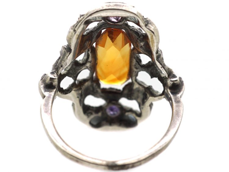 Art Deco Silver, Marcasite, Citrine & Amethyst Ring