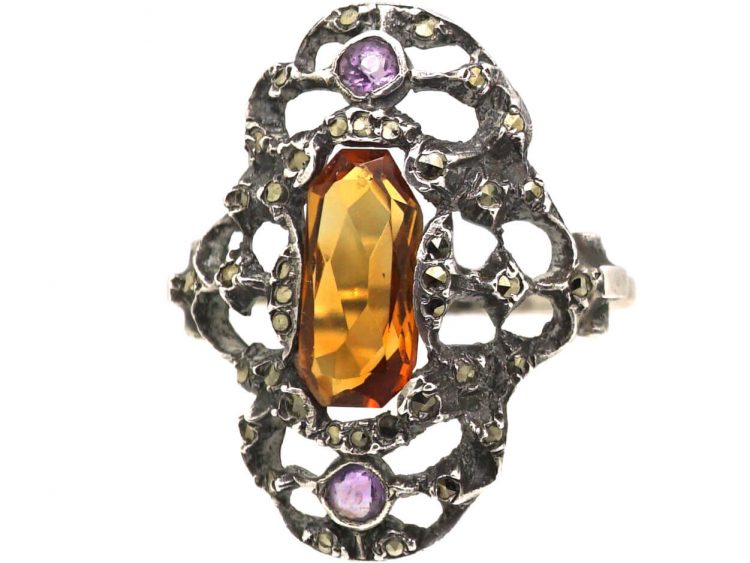 Art Deco Silver, Marcasite, Citrine & Amethyst Ring