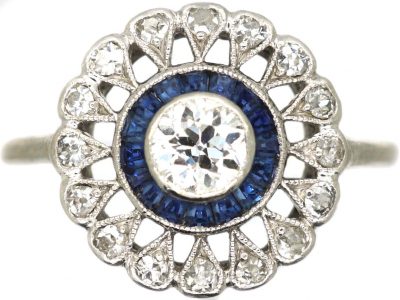Art Deco Platinum Target Ring set with Diamonds & Calibre Sapphires