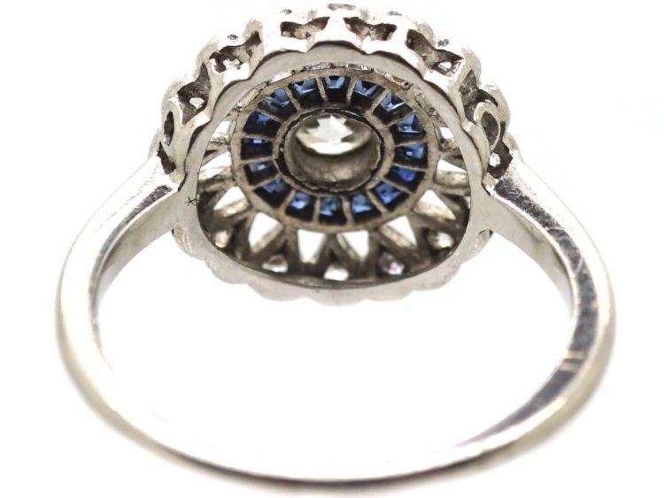 Art Deco Platinum Target Ring set with Diamonds & Calibre Sapphires