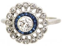 Art Deco Platinum Target Ring set with Diamonds & Calibre Sapphires