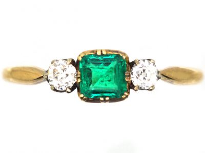 Edwardian 18ct Gold, Emerald & Diamond Three Stone Ring