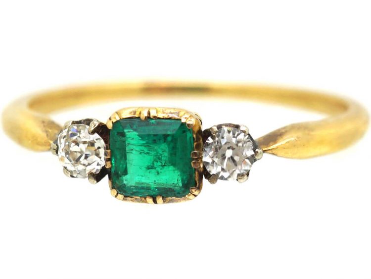 Edwardian 18ct Gold, Emerald & Diamond Three Stone Ring