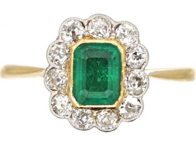 Edwardian 18ct Gold & Platinum, Emerald & Diamond Cluster Ring
