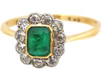 Edwardian 18ct Gold & Platinum, Emerald & Diamond Cluster Ring