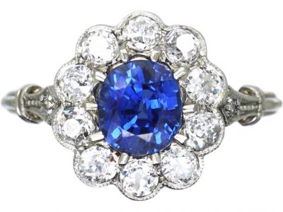 Art Deco Platinum, Sapphire & Diamond Cluster Ring