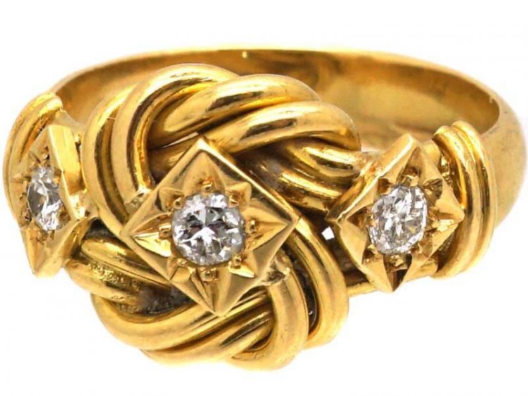 Edwardian 18ct Gold Lover's Knot Ring set with Three Diamonds