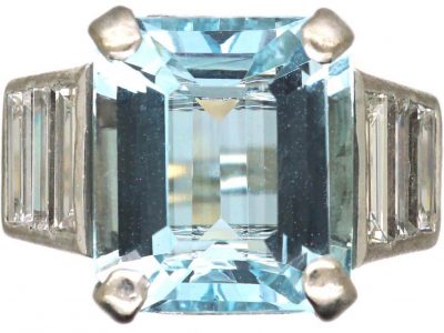 Art Deco Platinum, Aquamarine & Baguette Diamond Ring