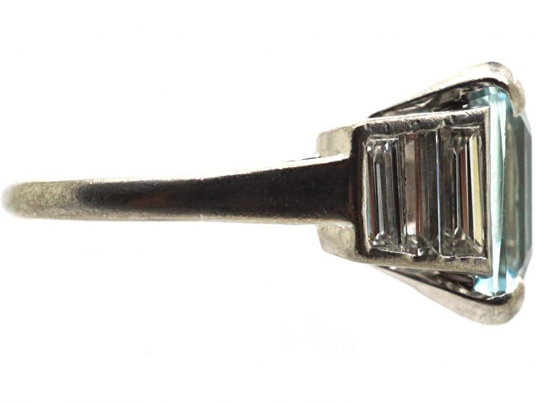 Art Deco Platinum, Aquamarine & Baguette Diamond Ring
