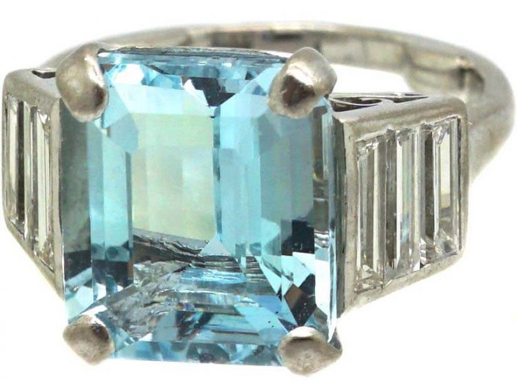 Art Deco Platinum, Aquamarine & Baguette Diamond Ring