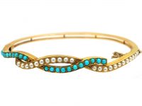Edwardian 15ct Gold Twist Bangle set with Turquoise & Natural Split Pearls