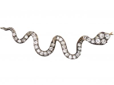 Victorian Gold & Silver Snake Brooch set with Graduated Diamonds in Original Case