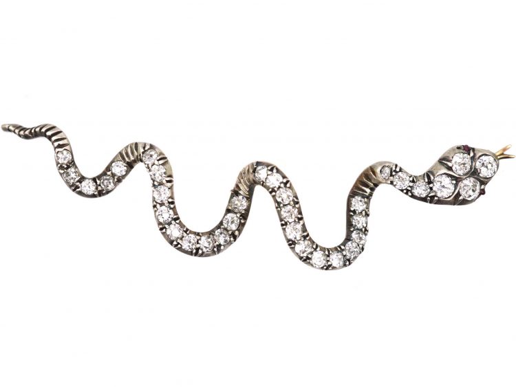 Victorian Gold & Silver Snake Brooch set with Graduated Diamonds in Original Case