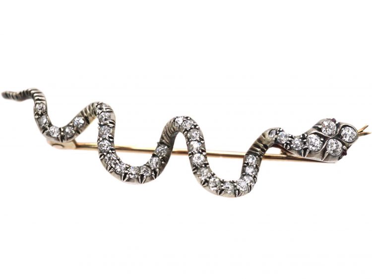 Victorian Gold & Silver Snake Brooch set with Graduated Diamonds in Original Case