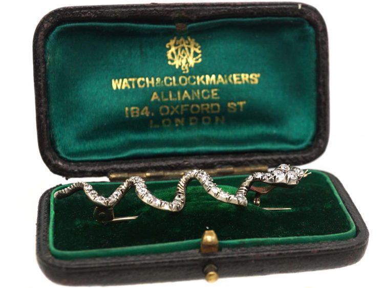 Victorian Gold & Silver Snake Brooch set with Graduated Diamonds in Original Case