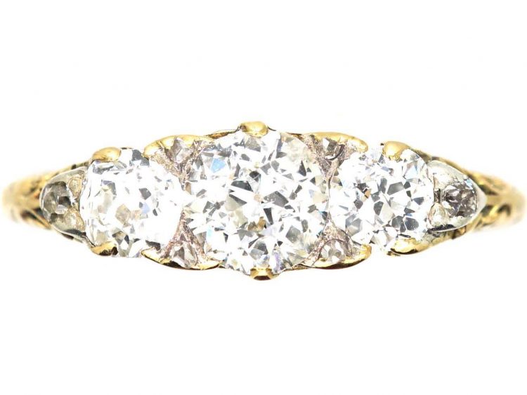 Edwardian 18ct Gold, Three Stone Diamond Ring with Rose Diamond Points