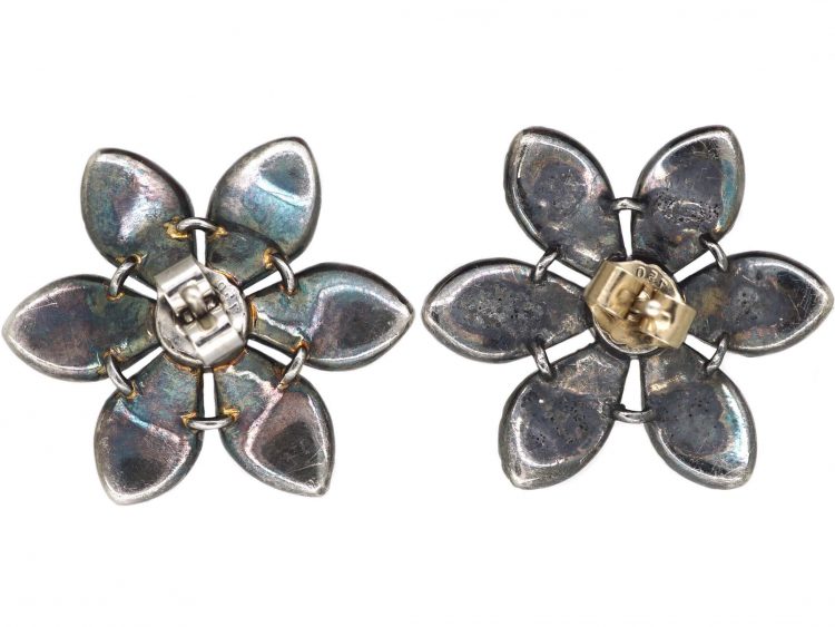 Georgian Large Flower Cluster Earrings set with Old Mine Cut Diamonds